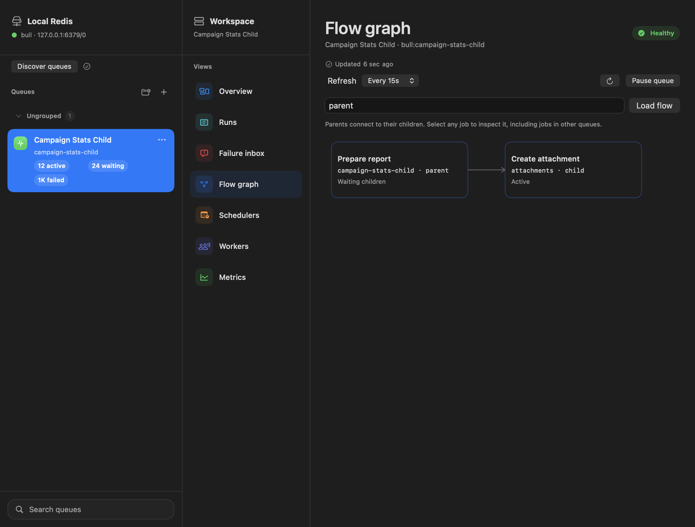 A sample BullMQ parent job connected to its child in the flow view.