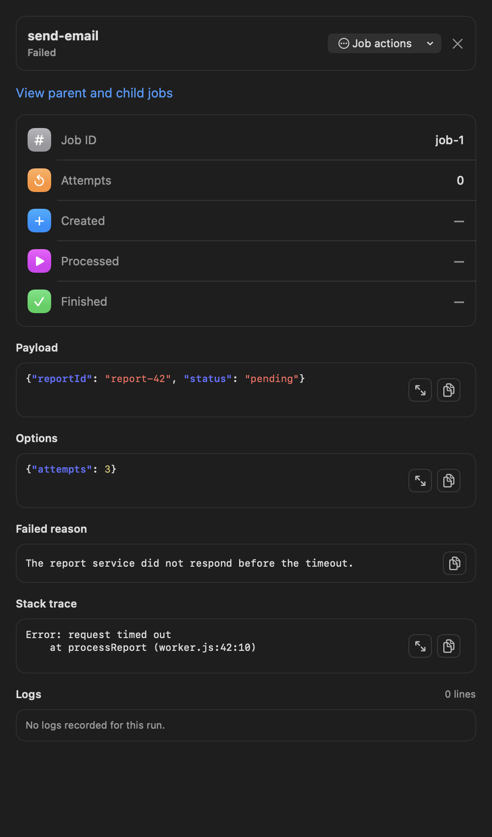 Job inspector with sample JSON, failure reason, and stack trace.